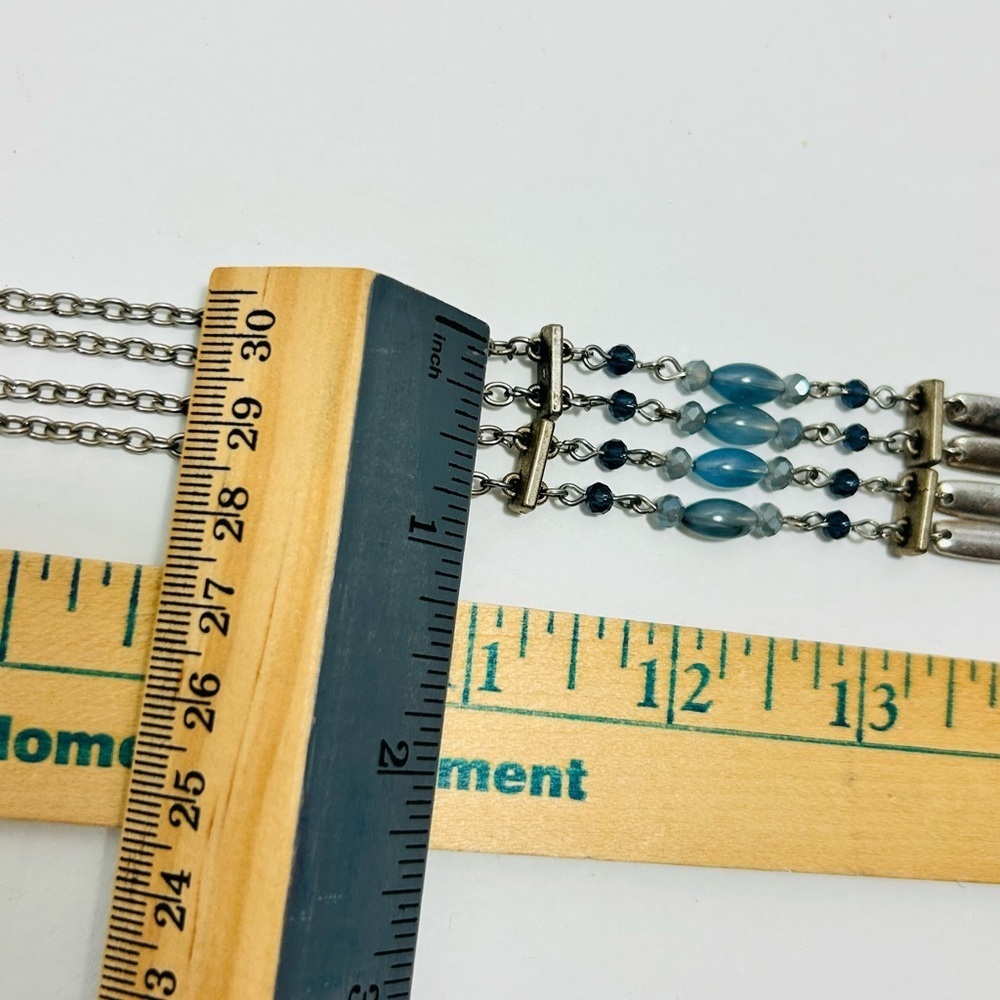 Long Silver and Blue Tassel Necklace Beaded Double Strand Oval Link Unsigned - Picture 11 of 11